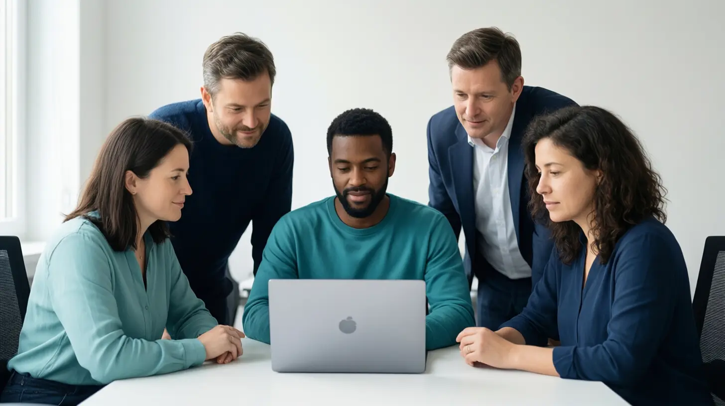 Team bespricht Worksonar-Ergebnisse am Laptop